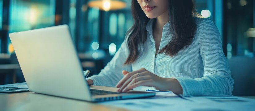 Woman working late at night on laptop