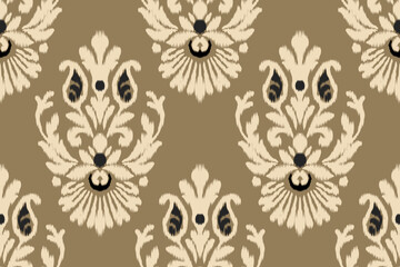 Seamless ikat damask floral pattern with embroidery texture in olive green and cream colors, traditional ethnic design for fabric, clothing, decoration, background, and abstract textile illustration.