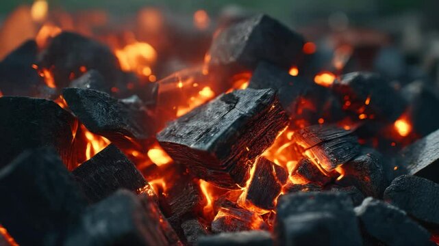 Handheld shot of charcoal in brazier, preparation for bbq