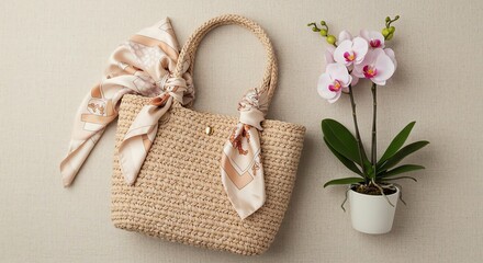 Straw tote bag with scarf and orchids