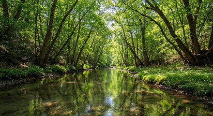 Fototapeta premium Stream flowing through forest with green trees
