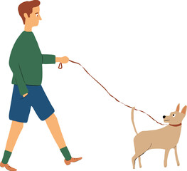 Man walking a dog on a leash. Children's vector illustration. Isolated on white background.