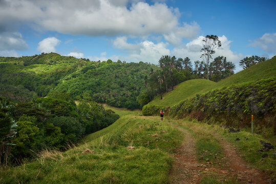 Beautiful European woman hiking in La Vallée de Ferney, Mauritius. Outdoor adventure in lush tropical forest with scenic mountain views. Active lifestyle and nature exploration.