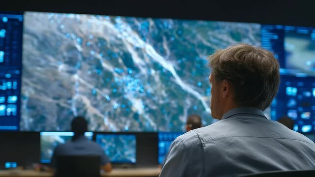Emergency operations center utilizing drones and GPS for flood rescue coordination.