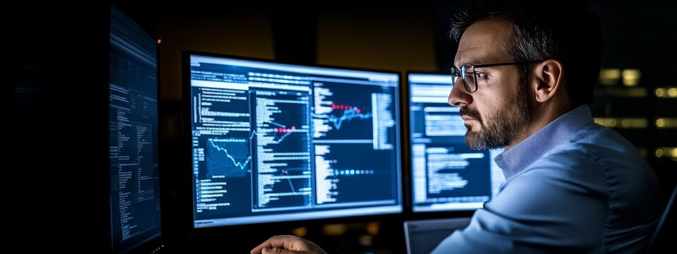 Employee analyzing cyberattack path on screen in cybersecurity control room|corporate data breach investigation