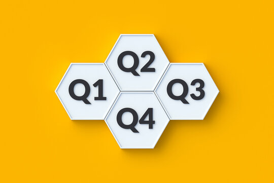 Q1, q2, q3 and q4 words on hexagons. Four quarterly reports. Tax declaration. Profit margins. Planning the financial year. Economic data. 3d render