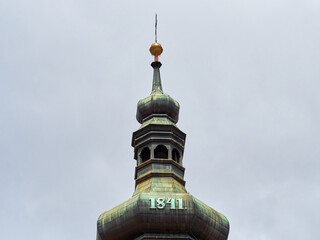 Spire of the tower of the Church of St. Mark with the year 1841 engraved. Zagreb, Croatia, Europe