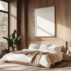 Serene Bedroom Interior with Blank Canvas and Wooden Walls