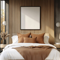 Modern Bedroom Interior Design with Blank Canvas and Earthy Tones