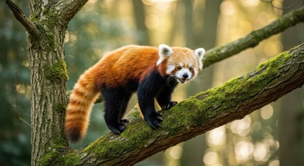 Majestic Red Panda (Ailurus fulgens) climbing a mossy tree branch in a natural forest environment