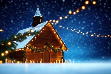 Charming Wooden Church Decorated with Lights in Winter Wonderland