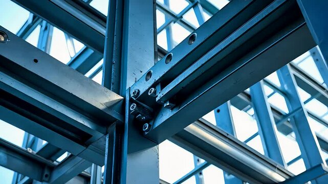 Steel Beams and Glass Grid Structure with Industrial Architecture in Modern Blue Light