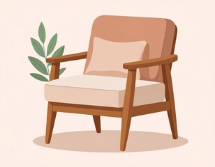 Fototapeta premium Pastel Beige And Light Brown Armchair With Pillow And Plant