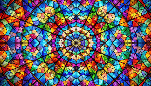 Kaleidoscope of vibrant hues captured within stained glass window creates mesmerizing display of colors and patterns, evoking sense of wonder and beauty