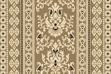 Seamless ikat damask floral pattern with embroidery texture in olive green and cream colors, traditional ethnic design for fabric, clothing, decoration, background, and abstract textile illustration.