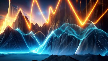 Geometric mountain landscape with digital glowing lines and rising data visualizations against twilight skies - Powered by Adobe