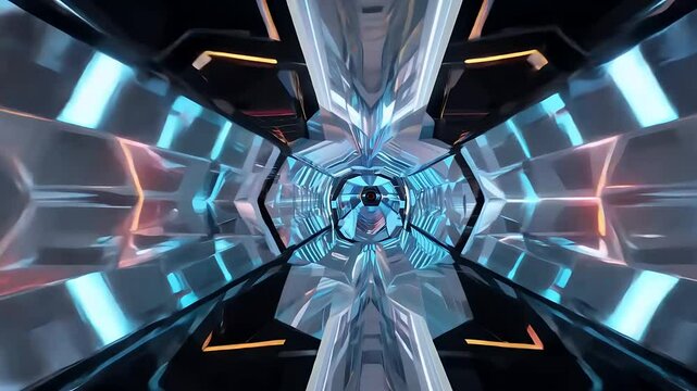 Sleek metallic polyhedron spins down mirrored neon corridor reflections multiplying infinitely revealing hi tech vibes cyberpunk presentations blockchain intros festival screens seamless video K