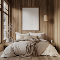 Cozy Wooden Bedroom with Blank Canvas and Winter View