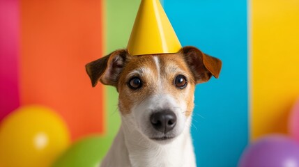 A joyful dog wearing a yellow party hat. This image captures a playful moment filled with color and happiness. Ideal for celebrations, pets, and joyful reminders. AI