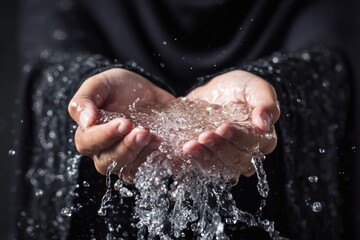 Fototapeta premium Hands Releasing Water with Black Fabric Background Showcasing Purity and Life