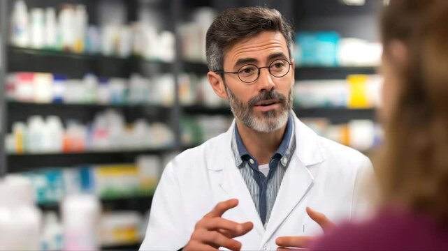 Young pharmacist talking to male customer in a drugstore. Focus is on customer.
