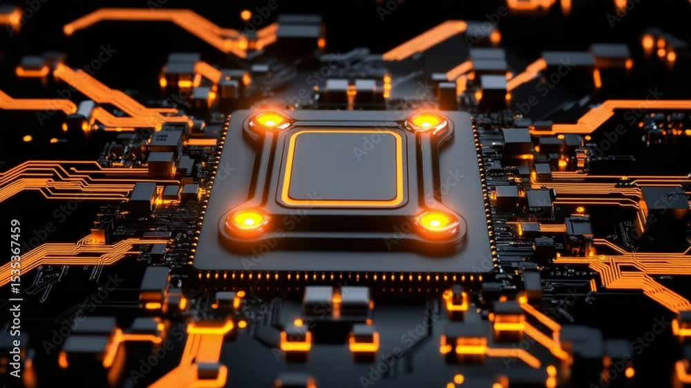 Poster futuristic digital microchip with glowing circuits and bright lights on dark background