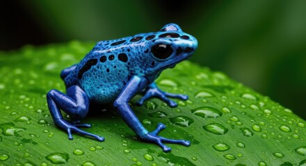 Obraz premium Close-up of vibrant Blue Poison Dart Frog sitting on wet green leaf with water droplets