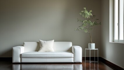 White sofa and potted plant in a modern living room.
