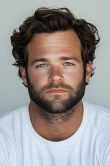 Fototapeta premium Portrait of a Serious Man with a Beard and Wavy Hair