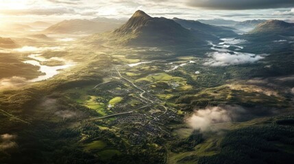 A Sunrise Panorama of a Misty Highland Village Nestled Among Majestic Mountains