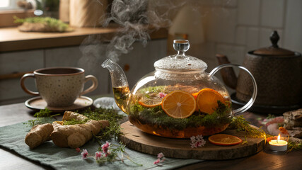 Fototapeta premium A whimsical teapot wrapped in a gentle, steampunk-style dragon made of brass, with a clear glass body glowing from within. Inside, a delicate infusion of herbs, moss, and blossoms creates the feeling 
