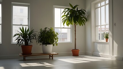 Bright room interior with three potted plants and sunlight