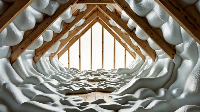 Large attic interior filled with deep snow accumulation under a pitched wooden roof with natural daylight entry