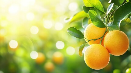 Oranges hanging on branch with green leaves and water drops in sunlit garden, copy space