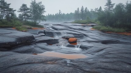 Serene Mist-Shrouded Riverbed with Balanced Rocks