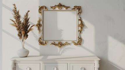 An ornate gold and white frame hangs on a textured white wall above a white dresser with a vase of pampas grass, creating an elegant and luxurious interior scene