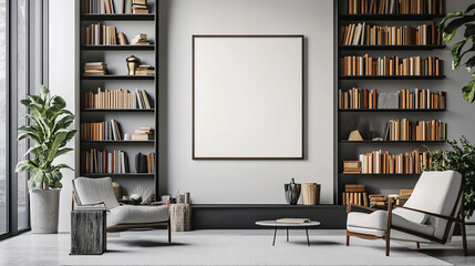 Modern Living Room Interior Design with Bookshelves and Empty Frame