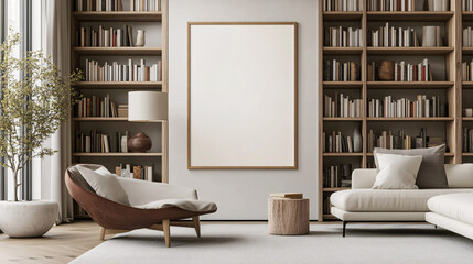 Modern living room interior design with empty frame bookshelves armchair and sofa