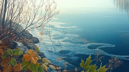 Serene Winter Lakeside Scene with Melting Ice