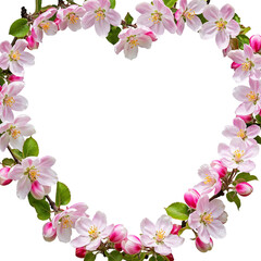 Pink apple blossoms heart frame isolated on transparent background