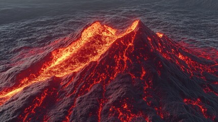 A fiery volcanic peak glows intensely against a dark, stormy sky.