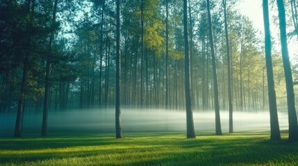 Serene morning mist shrouds a sunlit pine forest.