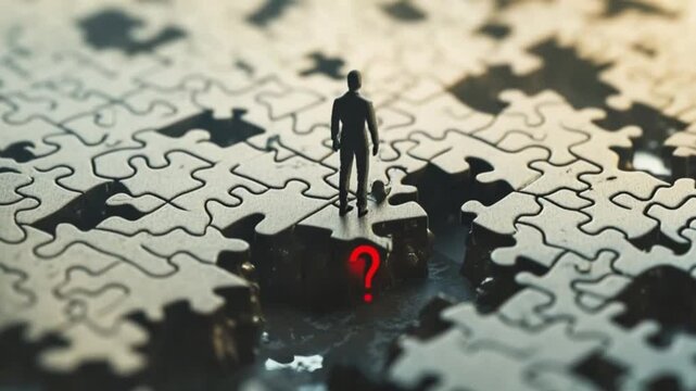 A solitary figure stands on a puzzle piece over a chasm, pondering the unknown in a surreal landscape