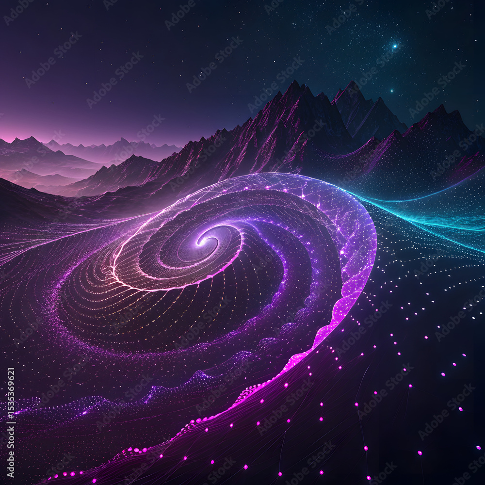 Poster animated 3d-like data formations in a purple-black setting
