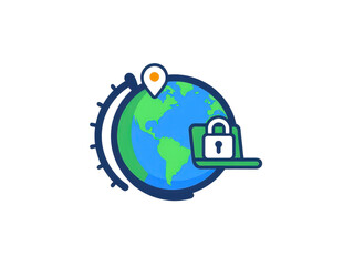 a simple flat 2d icon of a stylized vpn tunnel connecting a laptop to a padlock protected globe, minimalist design, solid green and blue colors, clean sharp lines, no shadows