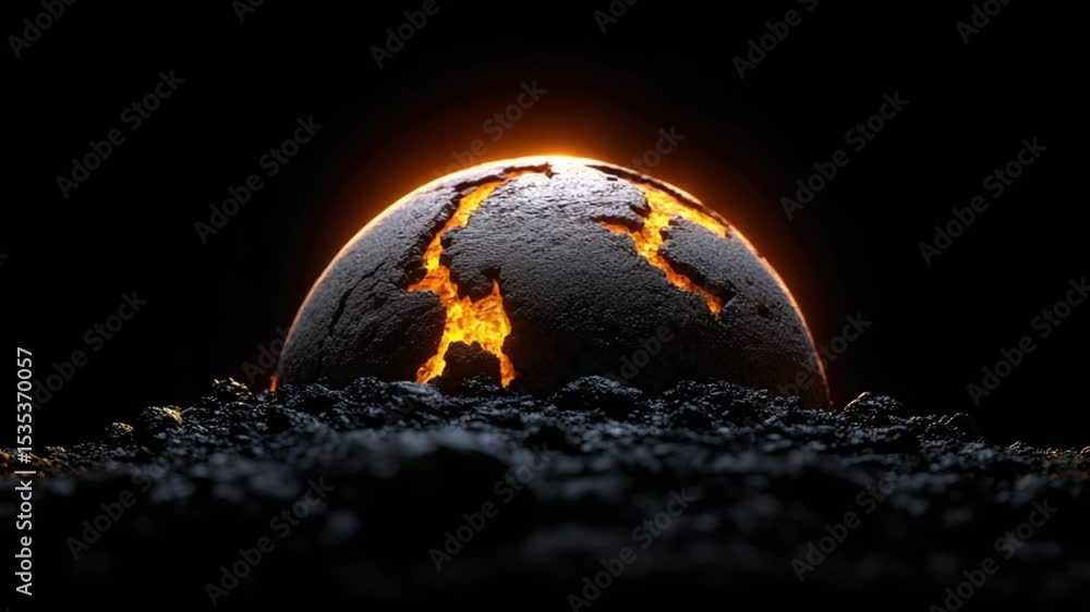 Poster glowing earth sphere emerging from dark terrain with fiery core and textured surface featuring lava 