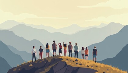 Group of People Standing on Mountain Peak Overlooking Valley in Nature