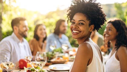 Happy friends enjoying a meal outdoors