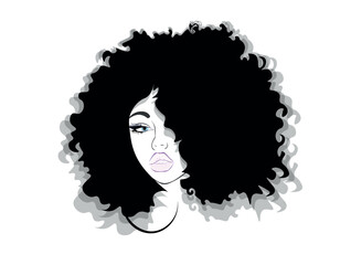 eautiful sexy face, purple lips, fashion woman, element design, curly hairstyle, hair salon sign, icon. Beauty Logo. Vector illustration. Hand drawing style.	