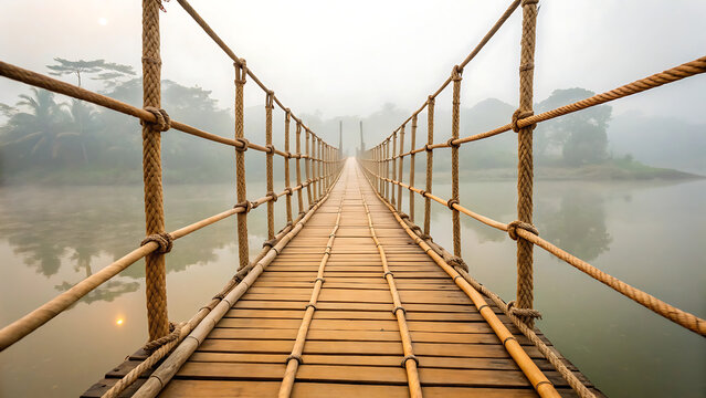 Wooden suspension bridge spanning river amidst foggy morning sunlight and dense greenery